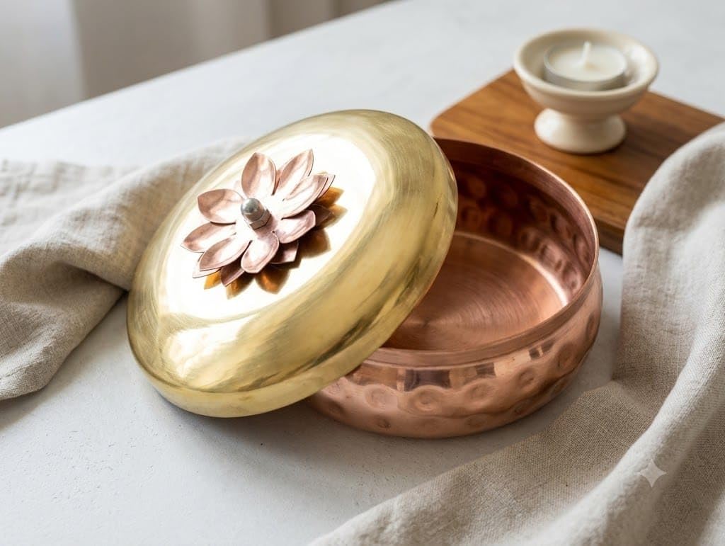 Buy Copper and Brass Round Box with Lotus Lid, Hammered Finish