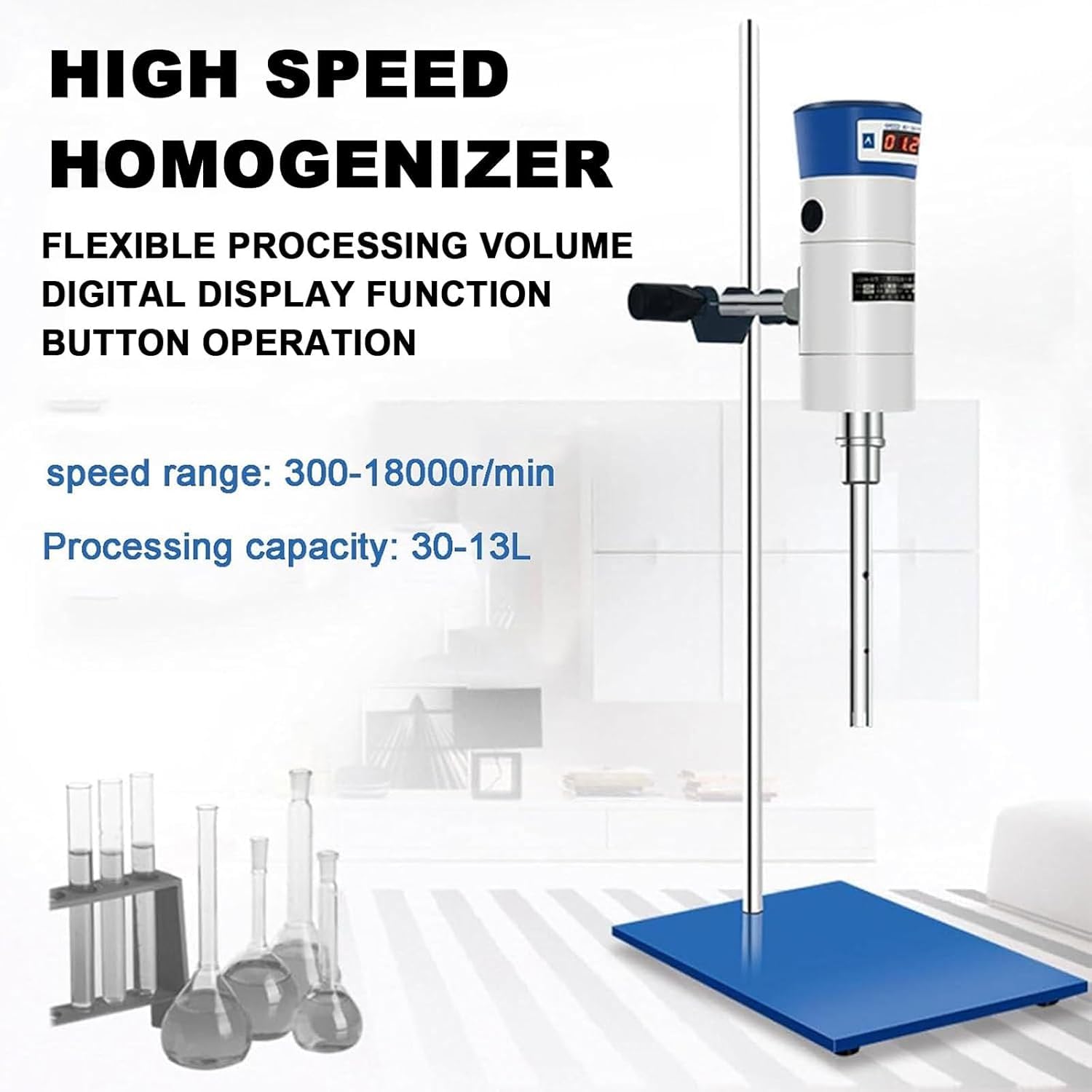 Homogeneizador ultrasónico de alta velocidad, capacidad de 30-13 litros, velocidad ajustable 30-11000 rpm, 2 cabezales de trabajo para una emulsificación líquida eficiente