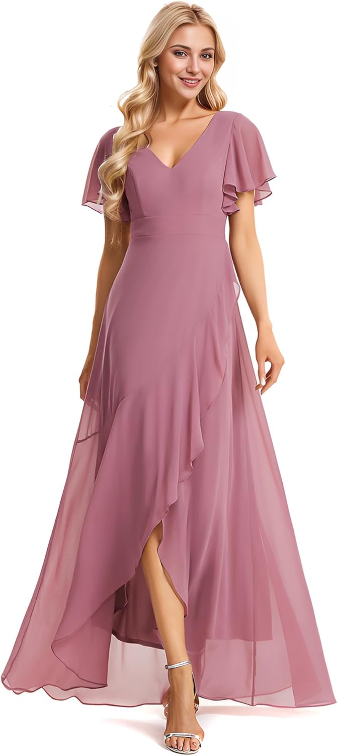Ever-Pretty Women's Double V Neck A Line Ruffle Hem Backless High Low Chiffon Bridesmaid Dresses 01749