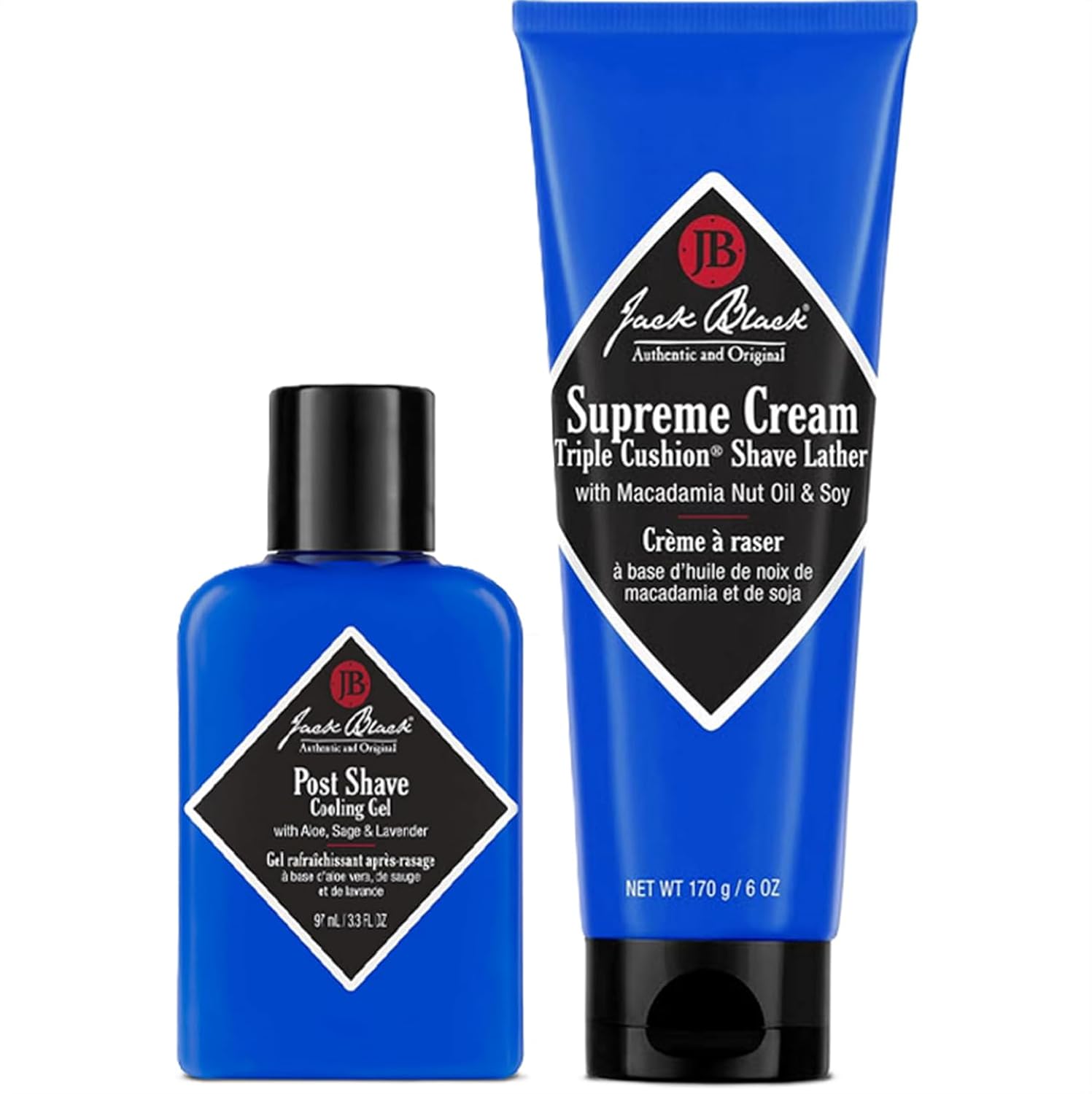 Jack Black Supreme Cream Triple Cushion Shave Cream, 6 Fl Oz + Jack Black Post Shave Cooling Gel, 3.3 Fl Oz – Triple Cushion Shave Cream and Clear After Shave Gel for Men