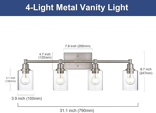 Miniatura 10 de 4 luces de tocador de baño, modernas lámparas de pared cromadas con pantallas de vidrio transparente, accesorios industriales de tocador para cocina