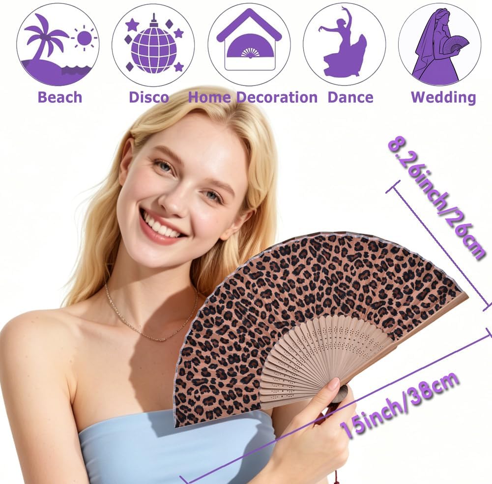 6Pcs Folding Hand Fan Bamboo Fabric Printed Pattern Handheld Dancing Wedding Gift Party Home Office DIY Decor (Leopard Design) image 2