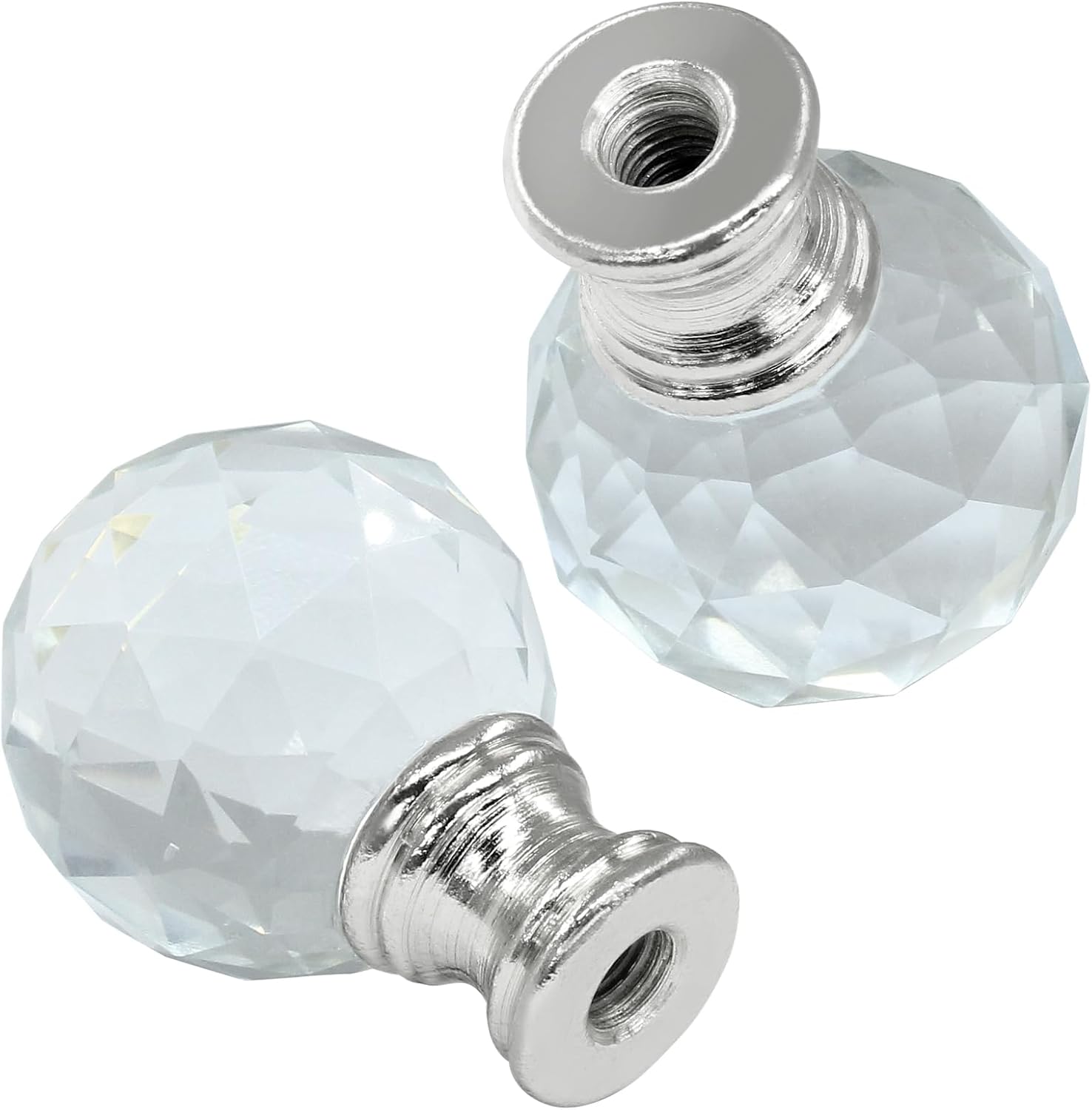 Diamond Crystal Glass Lamp Finials, Clear Lamp Shade Top Screw Cap Knob for Decoration - 2Pcs Silver