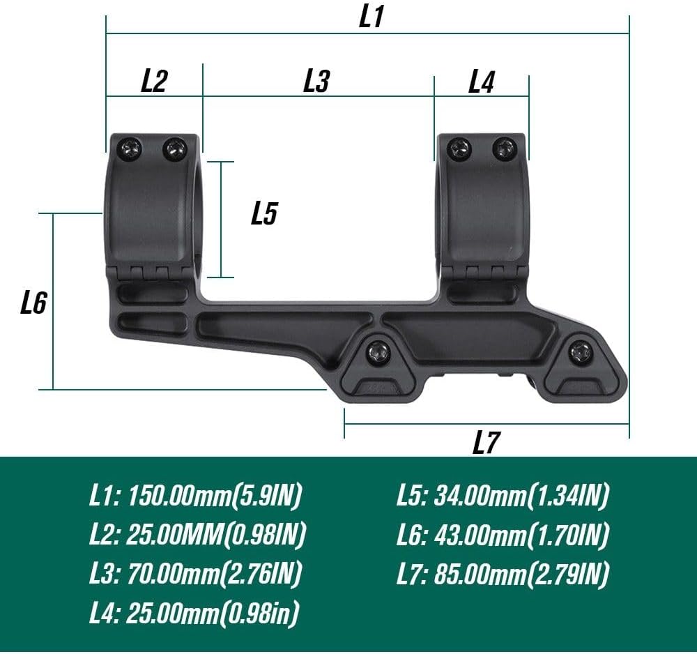 Dual Ring Cantilever 34mm Tube Diameter Ring Scope Mount Base，1.70" Optical Center Height，2″ Offset Scope Mount，0 MOA，1.3″ Width，For 20mm Pic Rail System Mounting，Anodized Finish 7075-T651 Aluminum