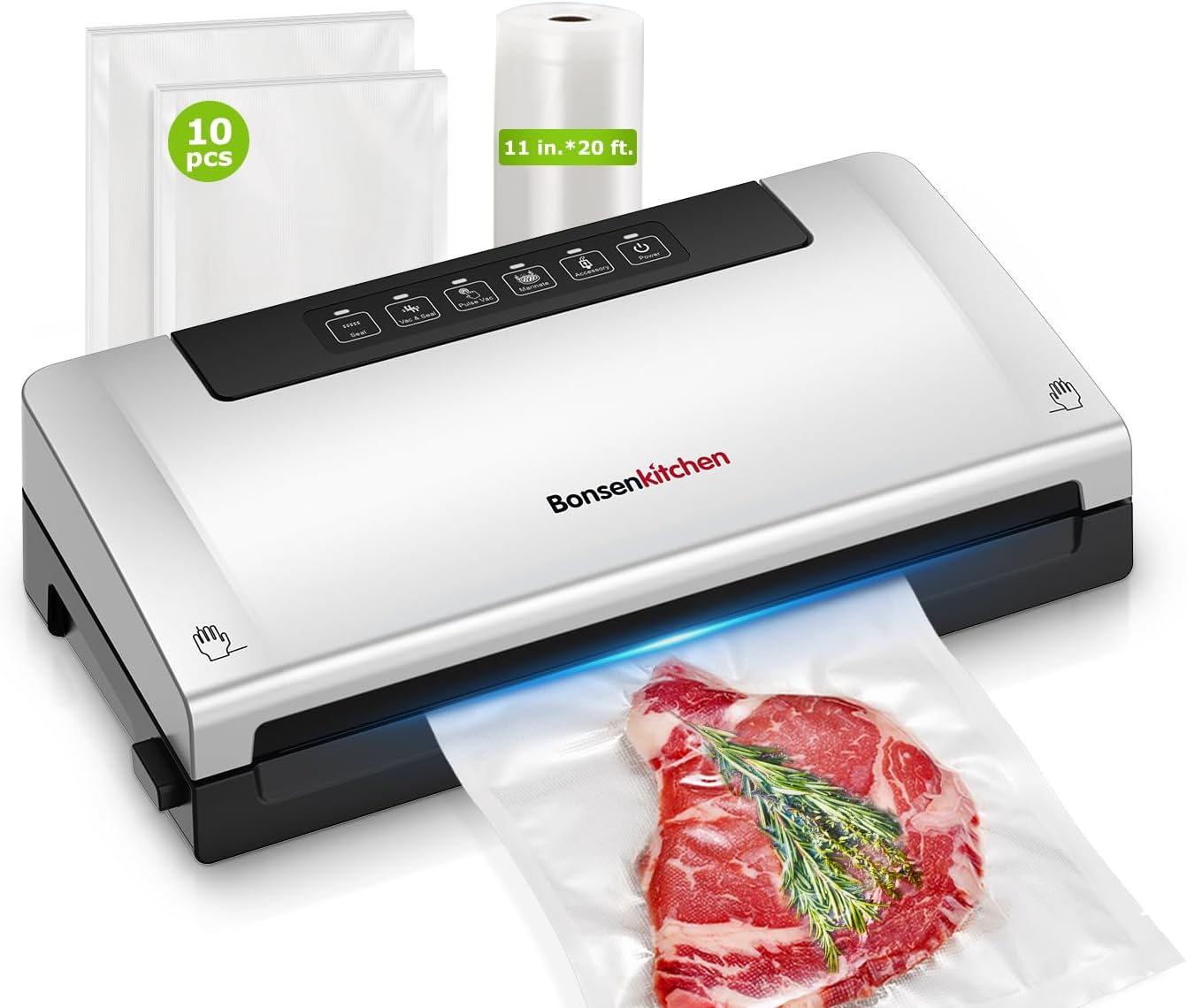 Bonsenkitchen Food Vacuum Sealer Machine with External Vac Function, Built-in Cutter & Bag Storage, 5 Modes for Various Food Types, Includes 10 Bags & 1 Roll (Silver) Silver Machine + 10 Bags+1 Roll