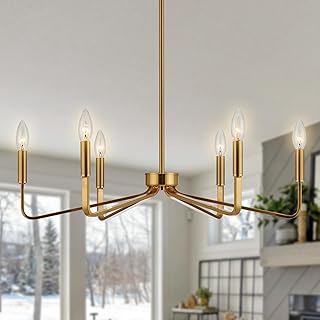Brushed Gold Chandeliers for Dining Room, 6-Light Modern Farmhouse Chandelier, Brass Candle Style Hanging