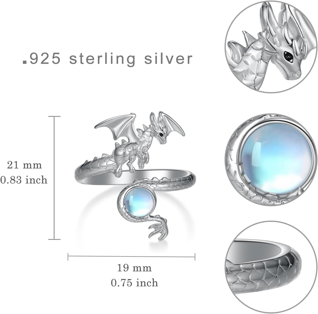 Dragon Ring 925 Sterling Silver Adjustable Moonstone Dragon Ring Dragon Jewelry Gifts for Women - Image 6