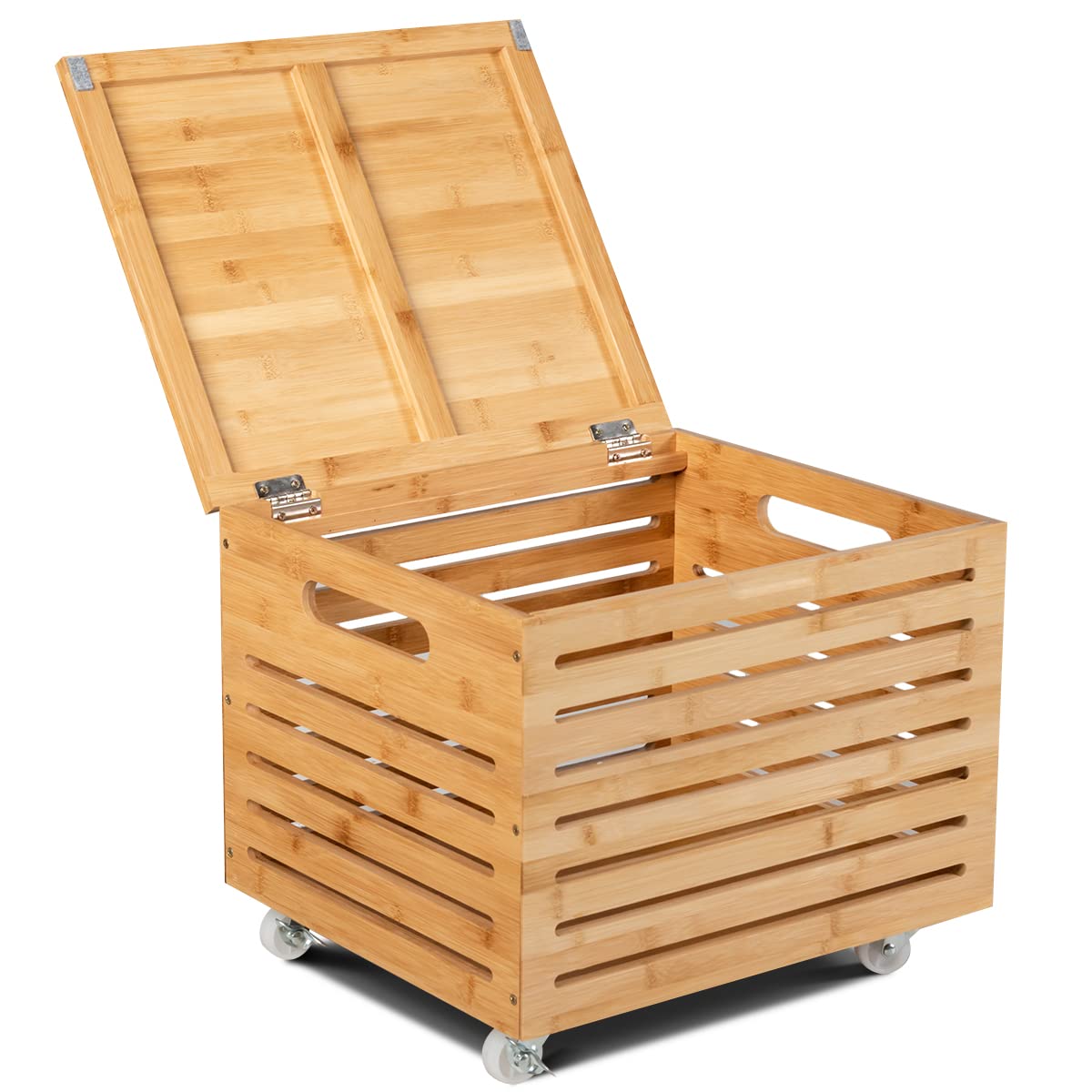 COSTWAY Caja de Almacenamiento Bambú con Ruedas Bloqueables, Baúl de Almacenamiento con Tapa, Organizador de Archivos para Documentos Tamaño Carta, Juguetes, Mantas, Almohadas
