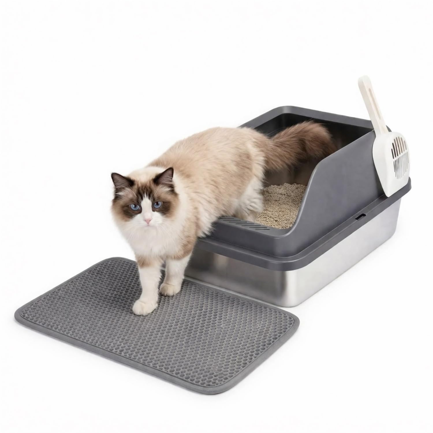 Nobleza Arenero de Acero Inoxidable para Gatos con Pared Alta, Diseño Anti-Salpicaduras, Kit Completo con Alfombra de Nido de Abeja y Pala, 61 * 40.5 * 31cm, Plata/Gris
