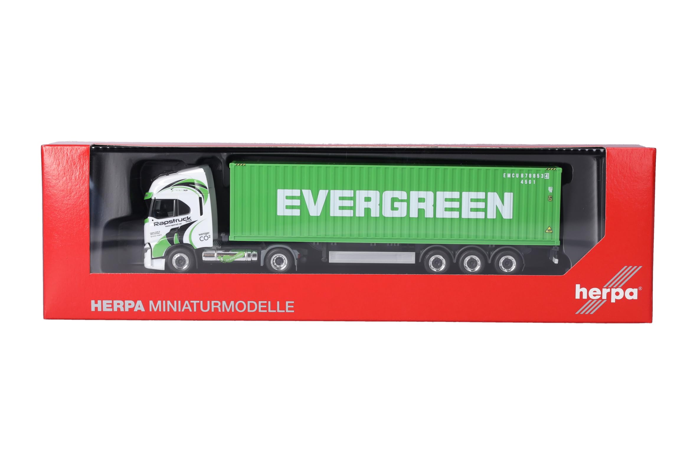 Herpa model ciężarówki Iveco S-Way LNG 40ft zestaw kontenerowy „Rapstrucks/Evergreen”, miniatura w skali 1:87, model kolekcjonerski, wyprodukowano w Niemczech, tworzywo sztuczne