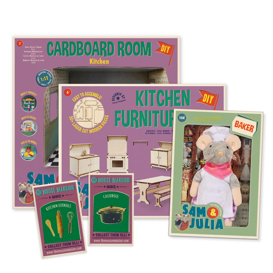The Mouse Mansion Sam & Julia - Paket: Das Mäusehaus Bäckerei - enthält: 1 Bastelset, 1 Miniatur Raum aus Karton und 1 Kuscheltier 12cm – für Kinder jeden Alters