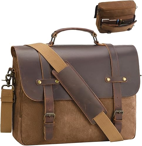 Bolsa de mensajero para hombre, de lona encerada, maletín para laptop de 15.6 pulgadas, estilo vintage, de cuero, impermeable, para la escuela