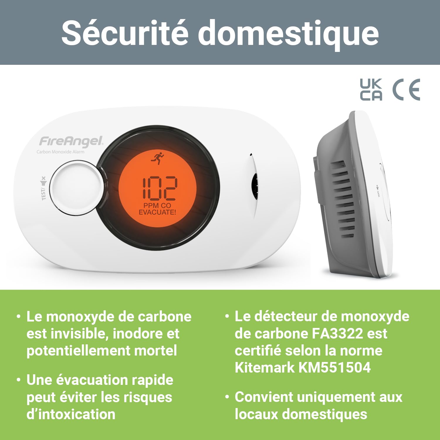 FireAngel FA3322, Détecteur de Monoxyde de Carbone Numérique, Moniteur de Détecteur de CO, capteur d'humidité et température Portable avec Pile 10 Ans, NF certifié