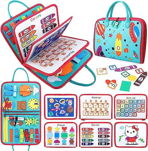 Yoawllty Busy Board for Toddlers Sensory Activity Board for Preschool Learning Quiet Book Montessori Toys with Zipper Removable Multiple Page Travel Toys for Boys Girls (Green)