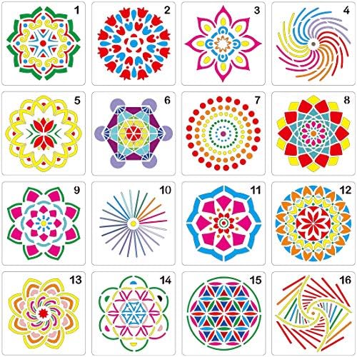 Mandala Stencil Diy Stones Reusable Set of 16 (5x5 inch) Painting Stencil, Laser Cut Painting Template for DIY Decor, Painting on Wood, Airbrush, Rocks and Walls Art