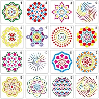 Mandala Stencil Diy Stones Reusable Set of 16 (5x5 inch) Painting Stencil, Laser Cut Painting Template for DIY Decor, Painting on Wood, Airbrush, Rocks and Walls Art