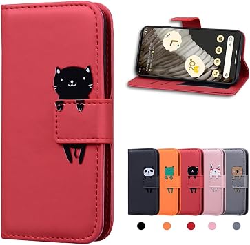 CASAFUNY Smartphone Case for Google Pixel 7 Pro, Notebook Style, Card Storage, PU Leather, Horizontal Stand Feature, Phone Cover, Red Cat