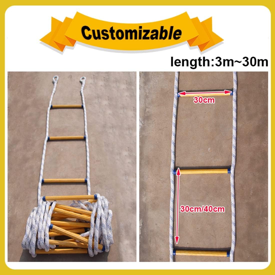 Rope Ladder,Safety Ladder Fire Escape Ladder, Fire Escape 1-Sladder Anti-Slip Rope Ladder,Safety Ladder Emergency Fire Ladder/30Cm Spacing/28M/91.8Ft