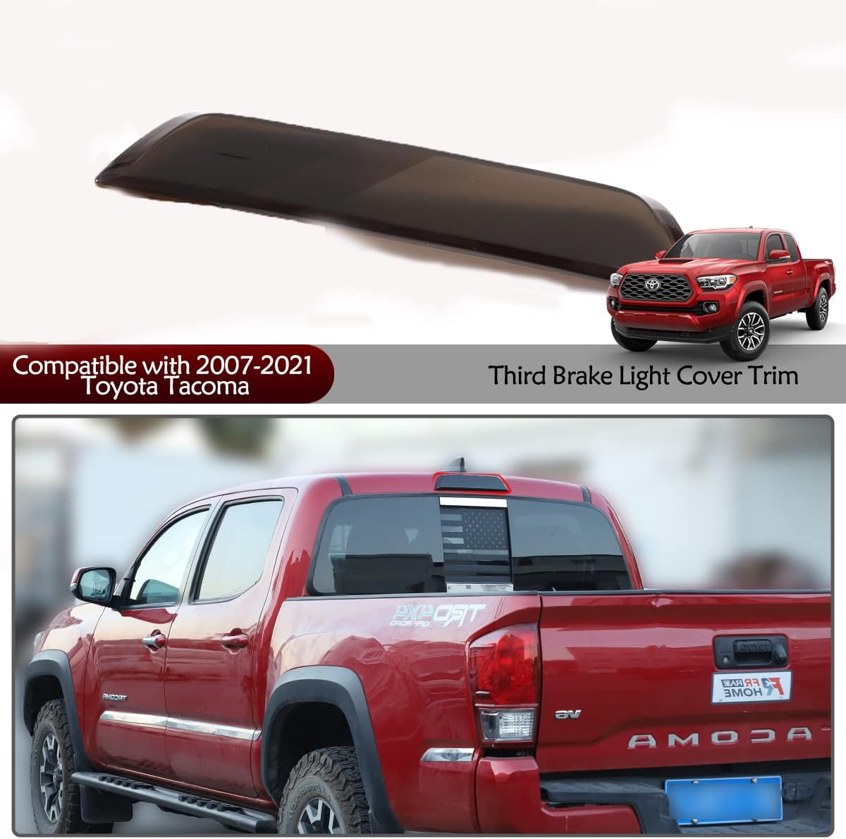 Third Brake Light Cover Trim,3rd Third Brake Tail Light Lamp Cover Trim Overlay Compatible with 2016-2020 Toyota Tacoma,High Mount Stop Light Rear Tail Light Cover Trim ABS,Smoked Lens (Smoky black)