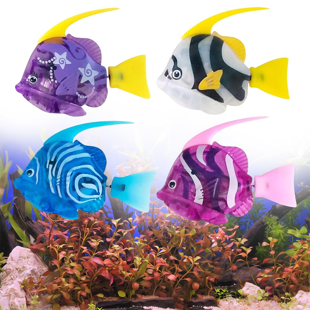 Lot de 4 poissons Robo - Jouet électronique pour chat - Poisson électrique lumineux - Fonctionne avec piles - Jouet flottant interactif pour enfants et animaux domestiques
