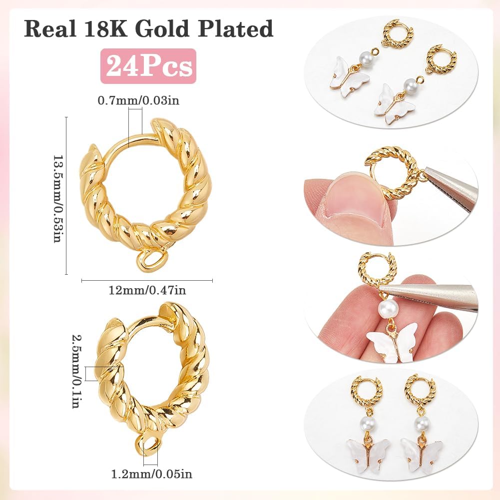 SUNNYCLUE 1 Box 24Pcs Huggie Hoop Earring Findings Leverback Hooks Bulk Real 18K Gold Plated Brass Earrings Hoop Hook with Latch Back Closure for Jewelry Making DIY Crafts Women Adults Accessories