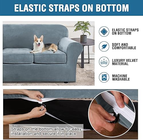 Miniatura 5 de H.VERSAILTEX Funda de terciopelo de felpa para sillón de 3 cojines, protector de muebles, ultra suave, extraíble y lavable, color azul piedra