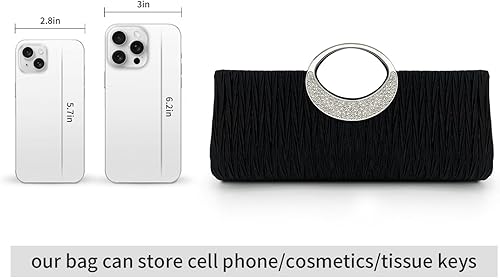 Miniatura 9 de Bolso de mano de satén plisado para mujer Bolso de noche con mango de diamantes de imitación Bolso largo formal para fiesta, novia, boda, baile