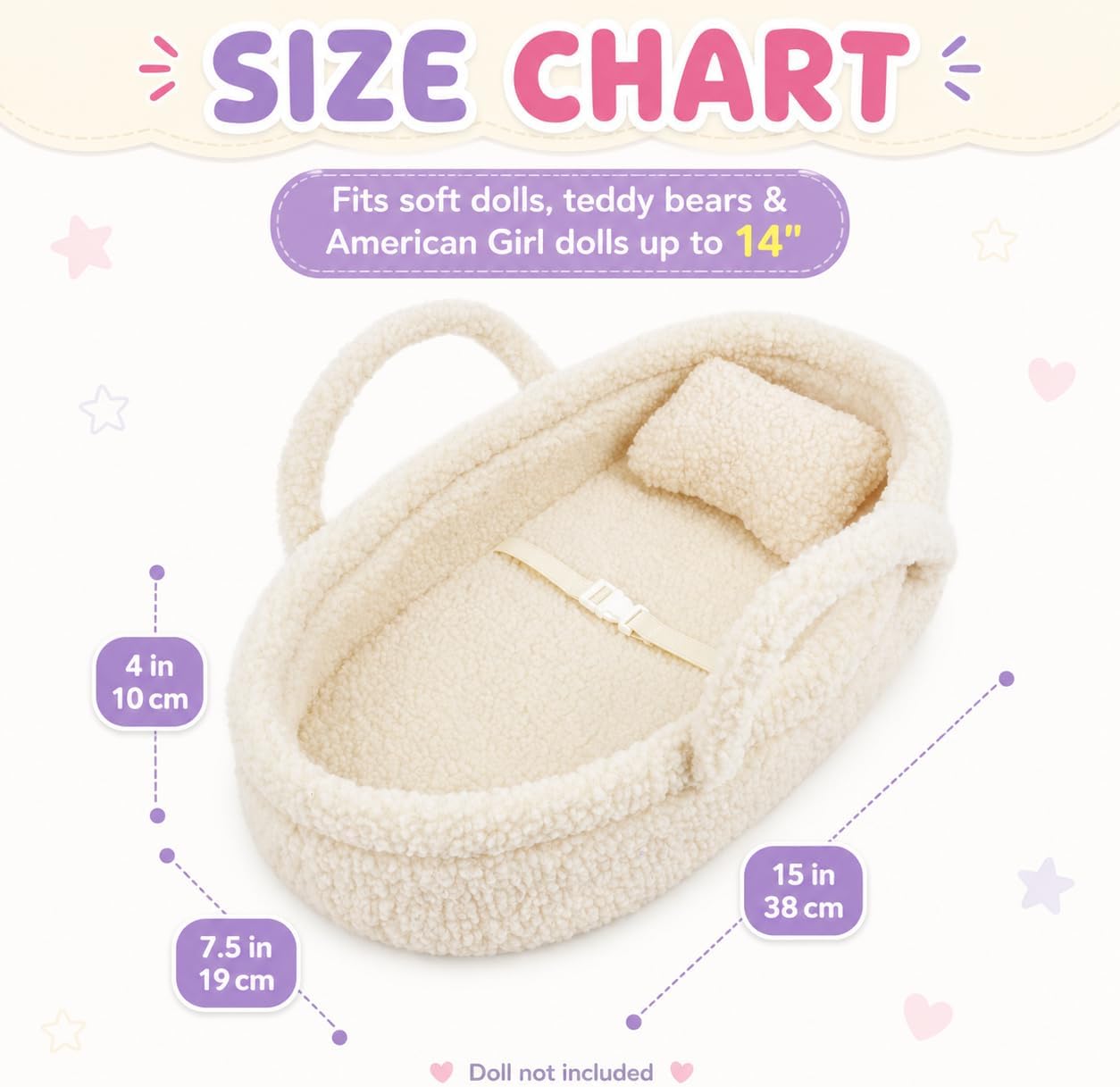 June Garden Cozy Dream Doll Bassinet - Baby Doll Portable Carrier - Fits for American Girl Dolls or Teddy Bears up to 14" - Cream White