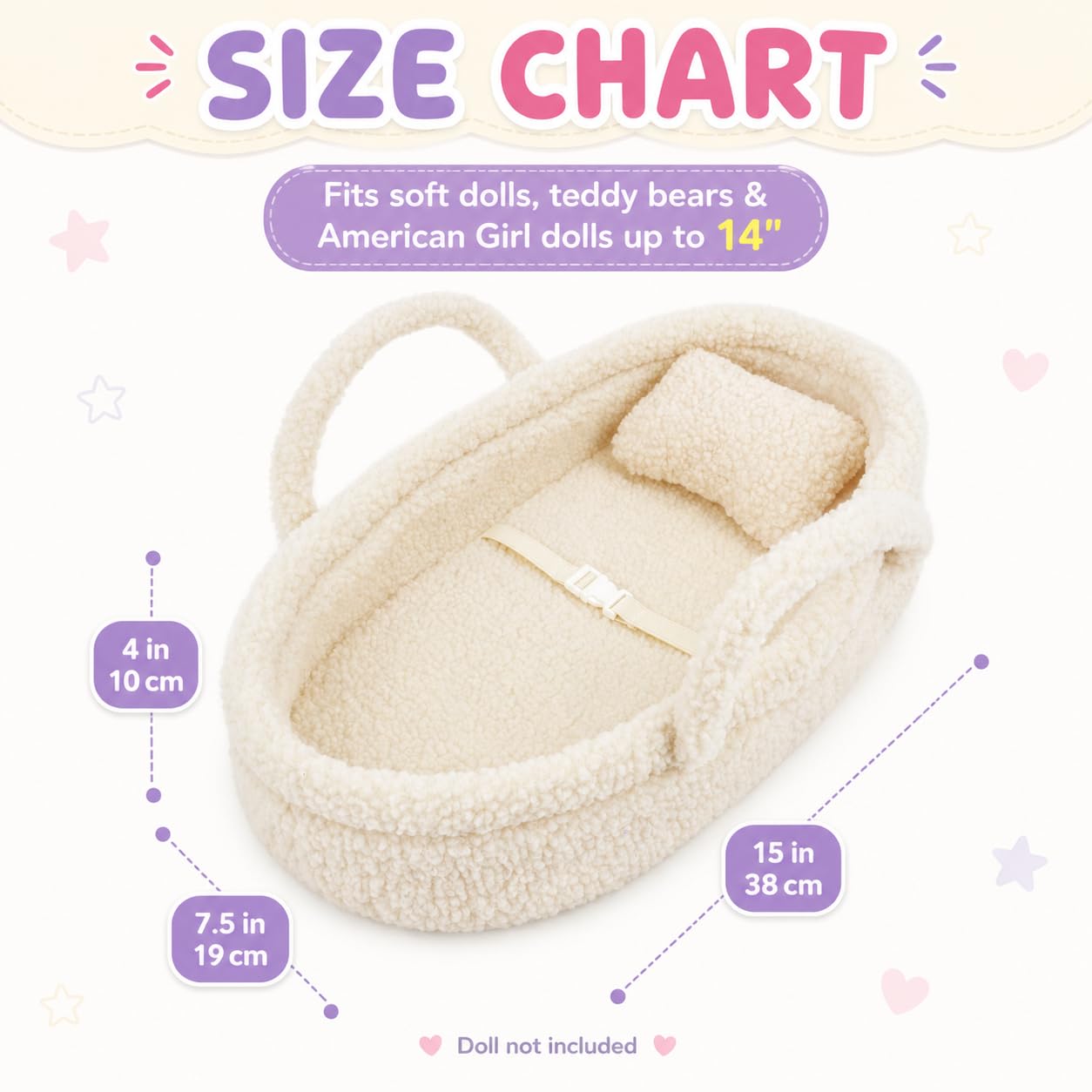 Lit de rêve douillet pour poupée - Porte-poupée portable - Convient pour les poupées American Girl ou les ours en peluche jusqu'à 36 cm - Blanc
