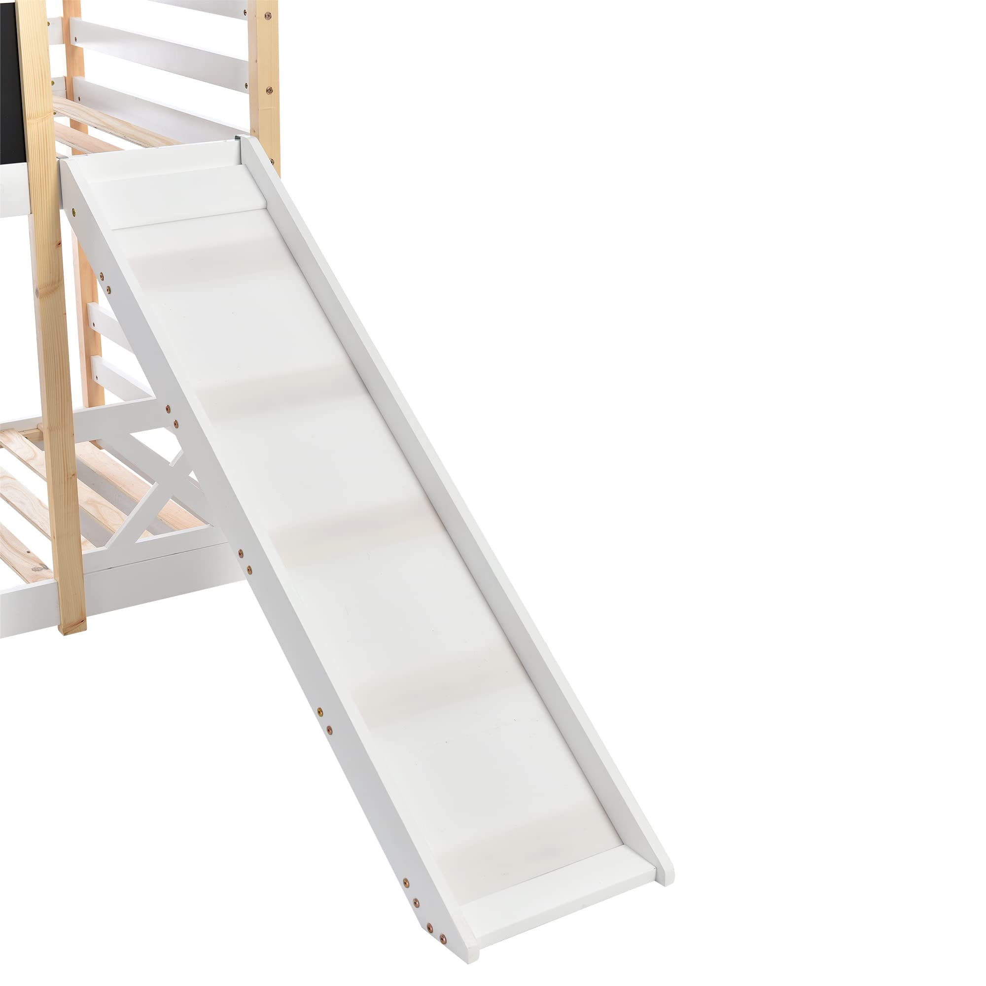 Idemon Cama infantil con tobogán y escalera de 90 x 200 cm, cama alta para niños, 2 somieres, color natural y blanco