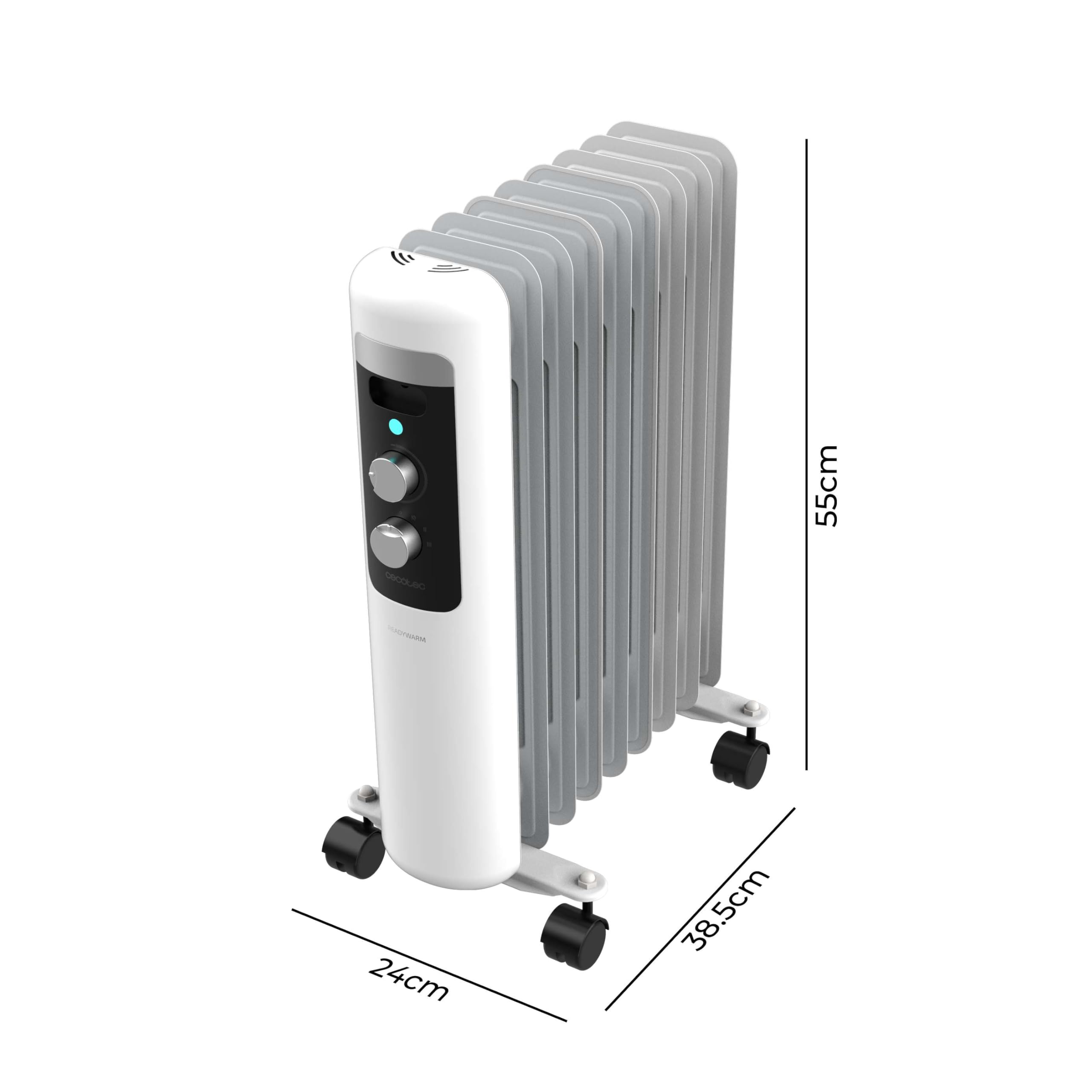 Cecotec Radiador Eléctrico de Aceite Bajo Consumo de 9 Módulos ReadyWarm 950 Space White. 2000W, 3 Niveles de Potencia, Sistema de seguridad y Ruedas, Ideal para 20m², Blanco