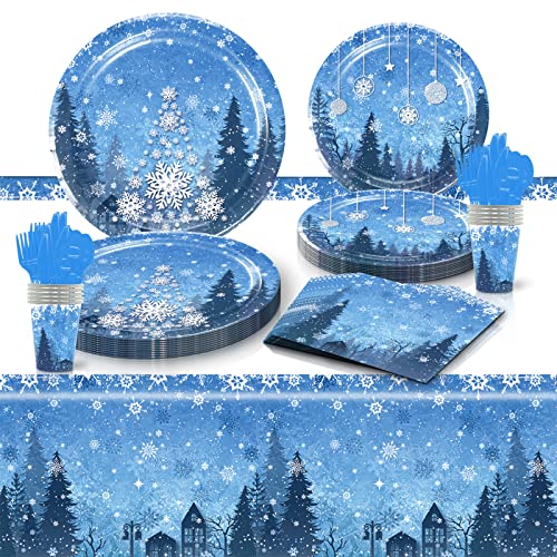 Dragzws Winter Snowflake Paper Dessert Plates Set, Kids Frozen Birthday Party Supplies Plates Snowflake Decorations 20 Guest Paper Dinner Plates, Napkins, Tablecover Snow Princess Party Decorations #TOP5