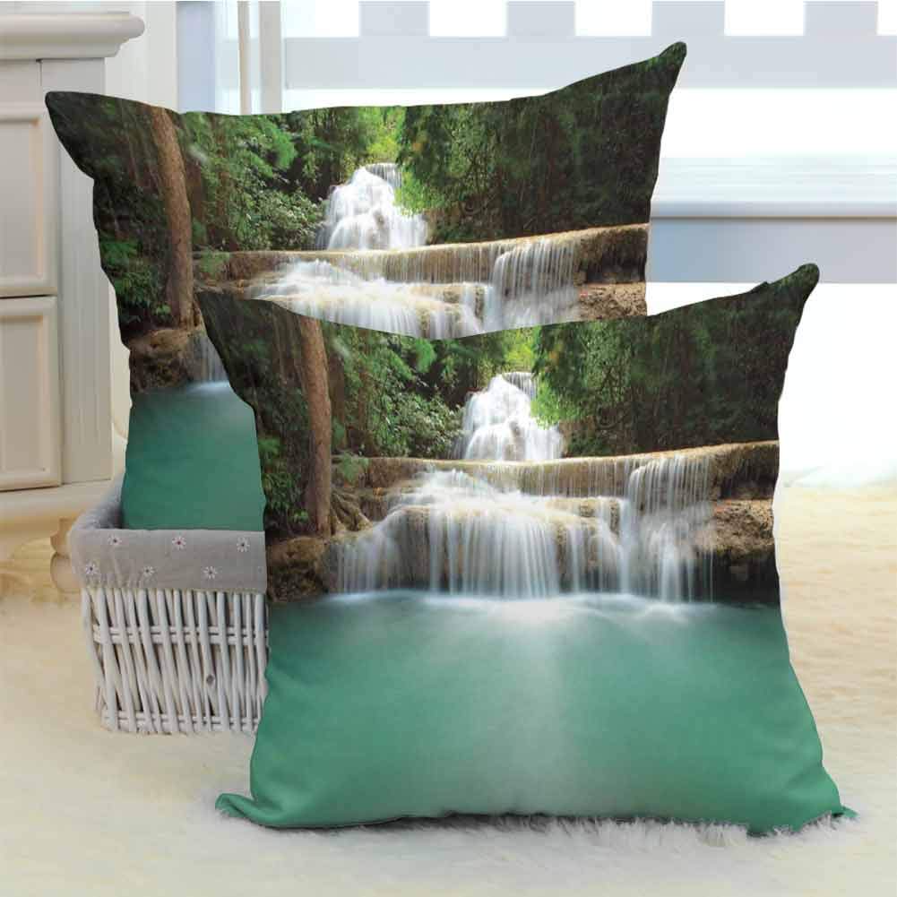 Beach Throw Pillow Covers Falling Stream Waterfall Natural Pond Thailand Vacation Theme Print Almond Green Brown White, 2 Packs, W18 xL18