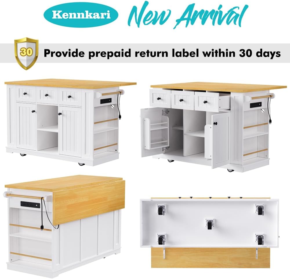 Rolling Kitchen Island on Wheels with Drop Leaf, Wide Moblie Kitchen Island with Storage Cabinets and Power Outlet, Large Island Table with Towel Rack and Spice Rack