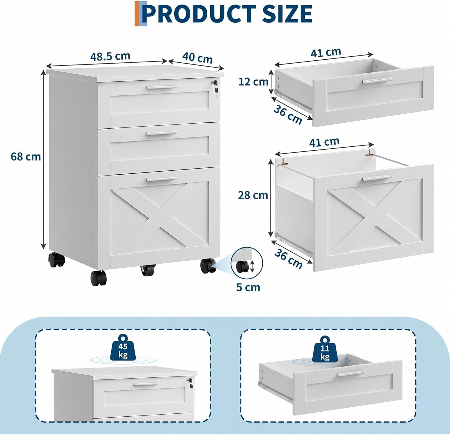 GarveeTech Rollcontainer Büro mit Schloss, 3 Schubladen, mobil, Weiß | 48,5x40x68 cm großer Bürocontainer mit Rollen, ideal für Dokumente, Drucker und Büromaterial im Homeoffice