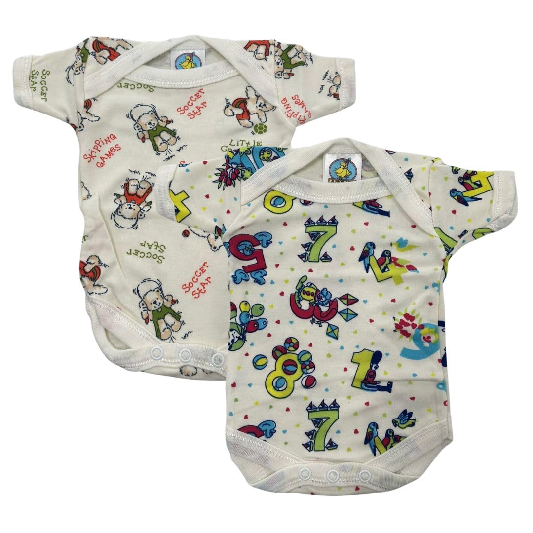 Junior Joy – 2 Pack Baby Cream Printed Bodysuits for Premature Babies, Envelope Neck, Short Sleeves, 100% Cotton, Popper Fastening for Easy Nappy Changes