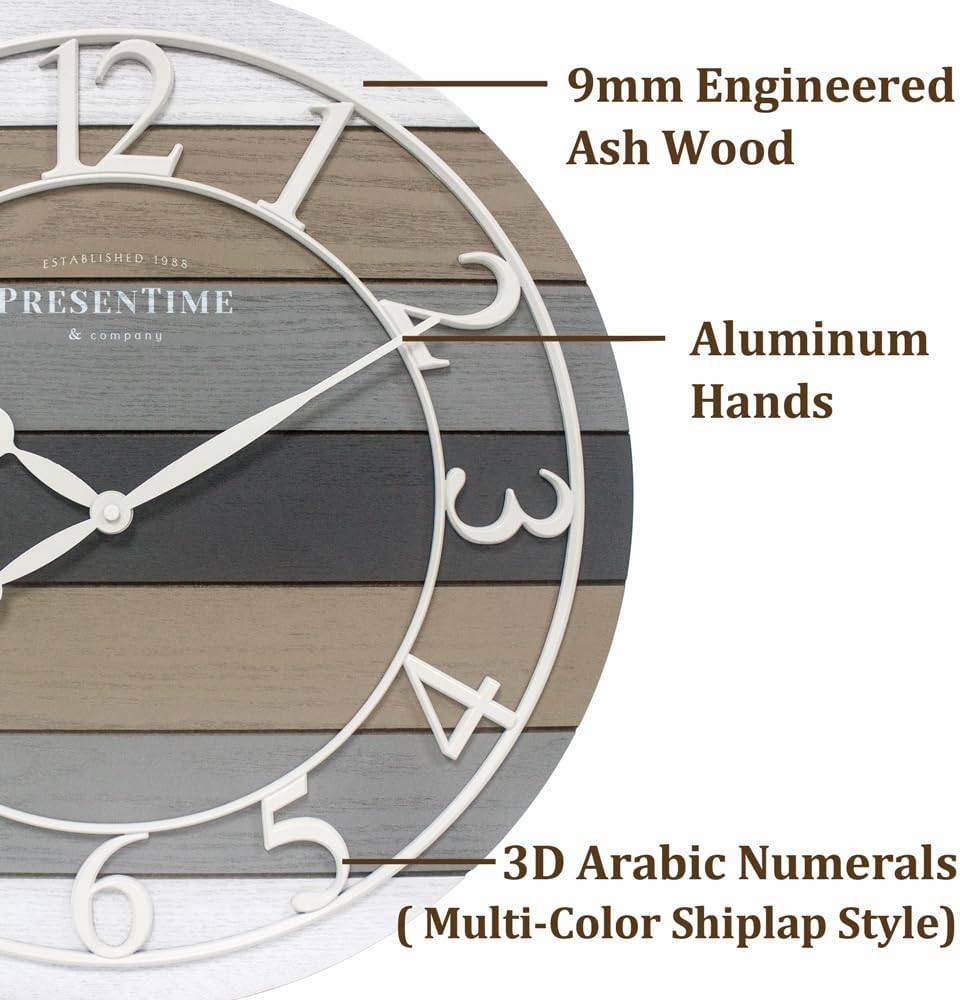 Presentime & Co Modern Farmhouse Shiplap Clock, 19.5 inch, White Arabic Numerals with Multicolor Woodgrain Shiplap Style. Large Farmhouse Decor for Living Room, Entryway, Home Office. Wall Décor