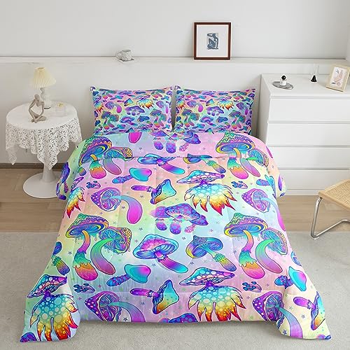 Mushroom Comforter Set Colorful Hippie Style Mushroom Bedding for Boys Girls Blue Purple Gradient Bedding Comforter Sets Exotic Botanical Plants Fungi Decor Duvet Insert Halloween Themed Qui
