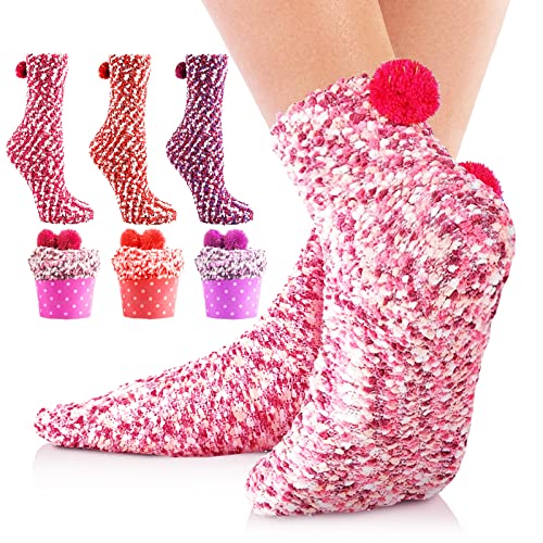 He-Ju Cupcake Socken Damen 3er Set, lustige Socken für Damen, Kuschelsocken als Cupcake Form, Wohlfühl Geschenke für Frauen, Einheitsgröße passen für 36-40 (pink, rot, lila) Cover