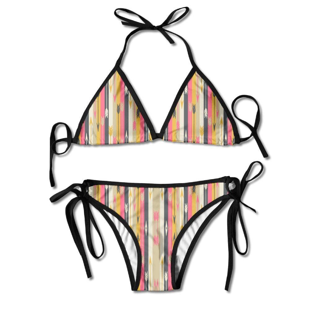 Womens Sexy Bikini Sets Bathing Swimsuits Tie Back Arrow Stripes Stripe Fabric with Arrows Trendy FEA Flower Print Black