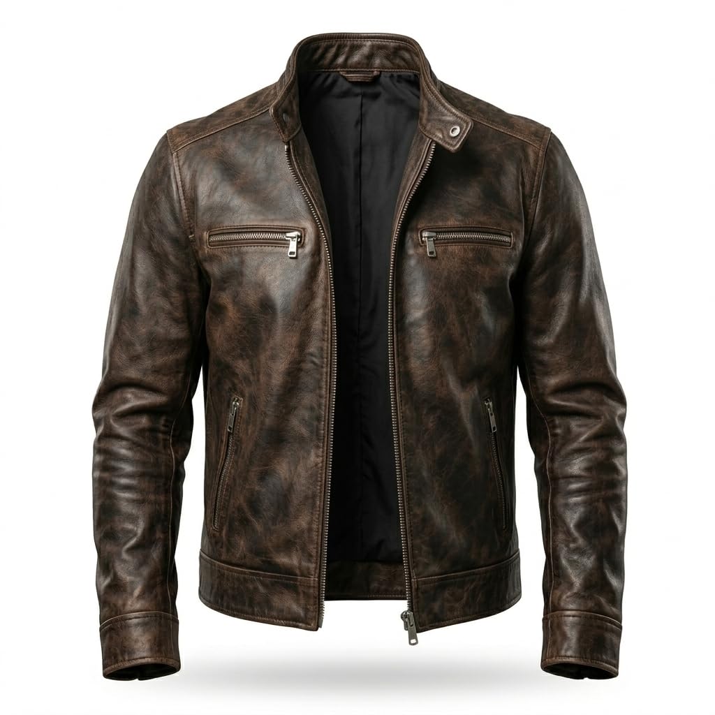 Posh Fera Men's Distressed Genuine Leather Biker Jacket | Vintage Cafe Racer Motorcycle Jacket | Real lambskin with Stand Collar, YKK Zippers | Classic Brown | S–2XL-picture-31
