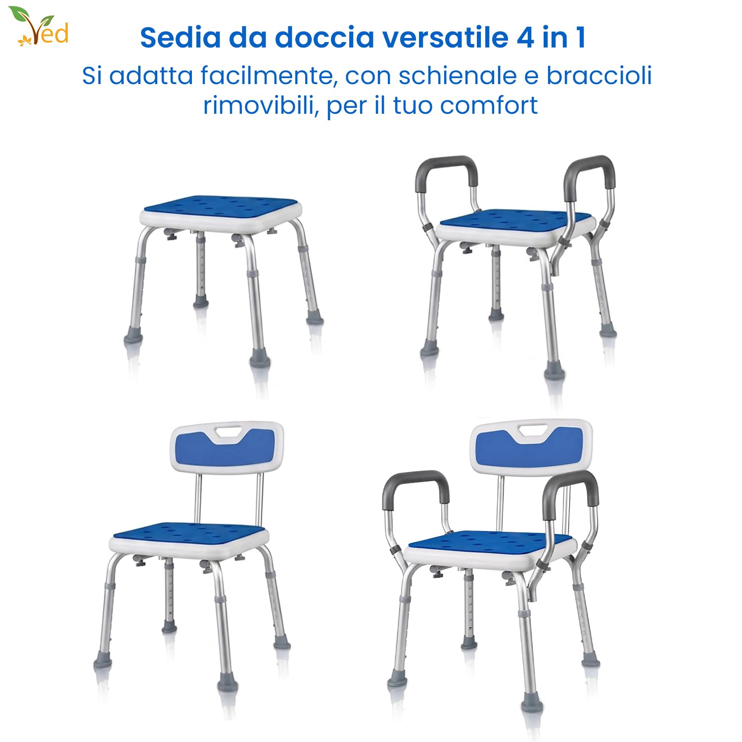VED Sedia da Doccia Regolabile in 6 Altezze con Braccioli Imbottiti e Piedini Antiscivolo per Anziani, Disabili e Donne Incinte, Capacità 150 kg