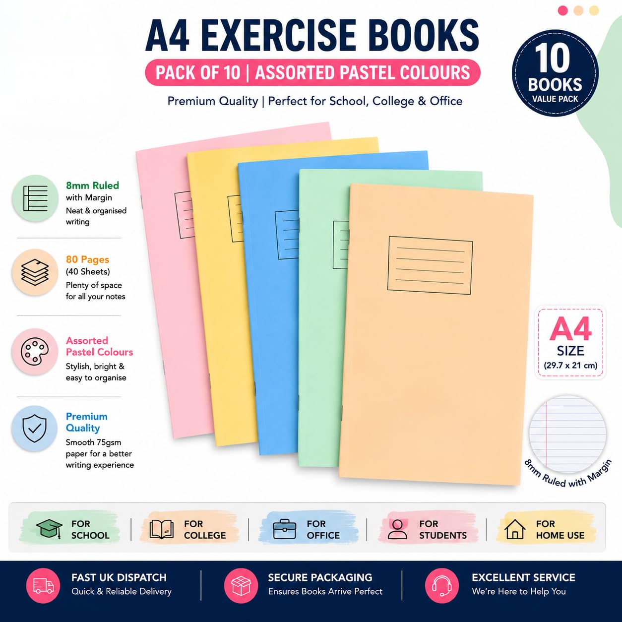 Sign Print Lab Lot de 10 cahiers d'exercices A4 lignés de 80 pages avec couverture de couleurs pastel assorties - Ligné de 8 mm avec marge - Fournitures scolaires et de bureau pour étudiants et