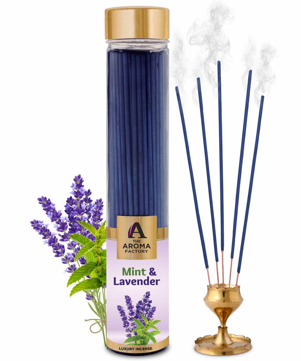 The Aroma Factory Organic Incense Sticks Mint & Lavender (Herbal Agarbatti with Natural Actives for Pooja & Aromatherapy) 0% Charcoal, 0% Sulphates, 1 x 100g Bottle