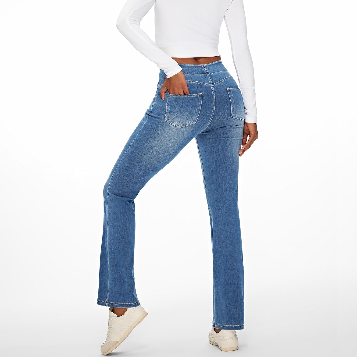 Fanica High Rise Bootcut Jeans for Women, Stretchy Pull On Elastic Waist Denim Pants - Image 2