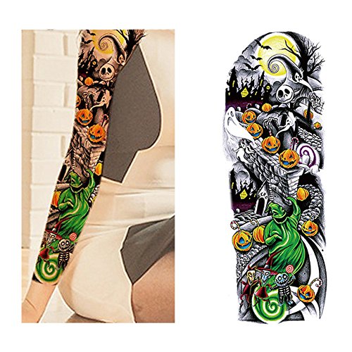 Oottati Extra Large Temporary Tattoos Arm Halloween Pumpkin Green Ghost Skeleton Moonlight Night Horror Skull Evil Old School