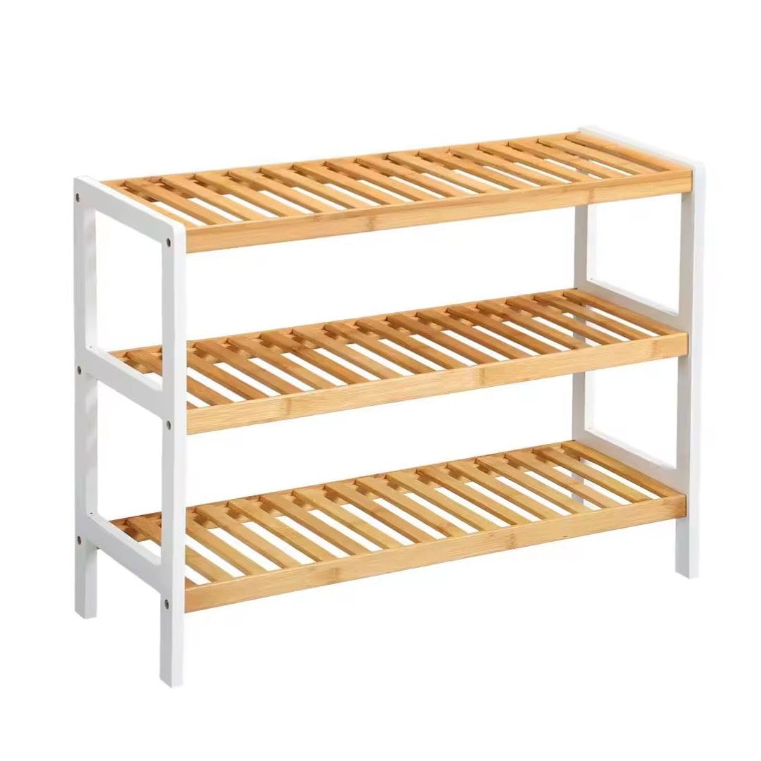 UTTAM 3 Tier Natural Bamboo Shoe Rack Easy Assembly & Strong Design Shelf Organiser, Suitable for Bedrooms, Bathrooms, Hallways, and Compact Areas - Spacious for Storing 12 Pairs of Shoes (White)