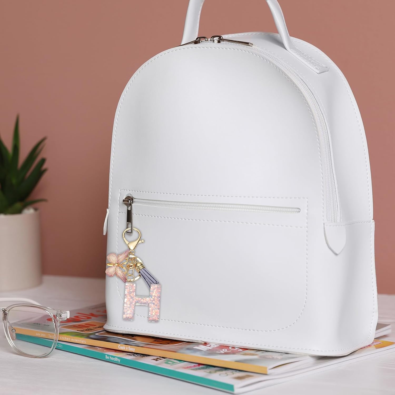 MECCANIXITY Initial Letter Keychain, Cute Tassel Butterfly Keychain Letter Charm for Women Girls Key Purse Handbag