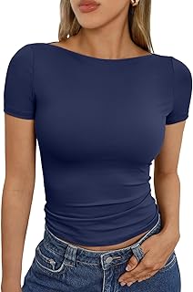 Womens Boat Neck Short Sleeve T-Shirts Fitted Compression Summer Y2k Basic Tops 2026 Spring Outfits Clothes