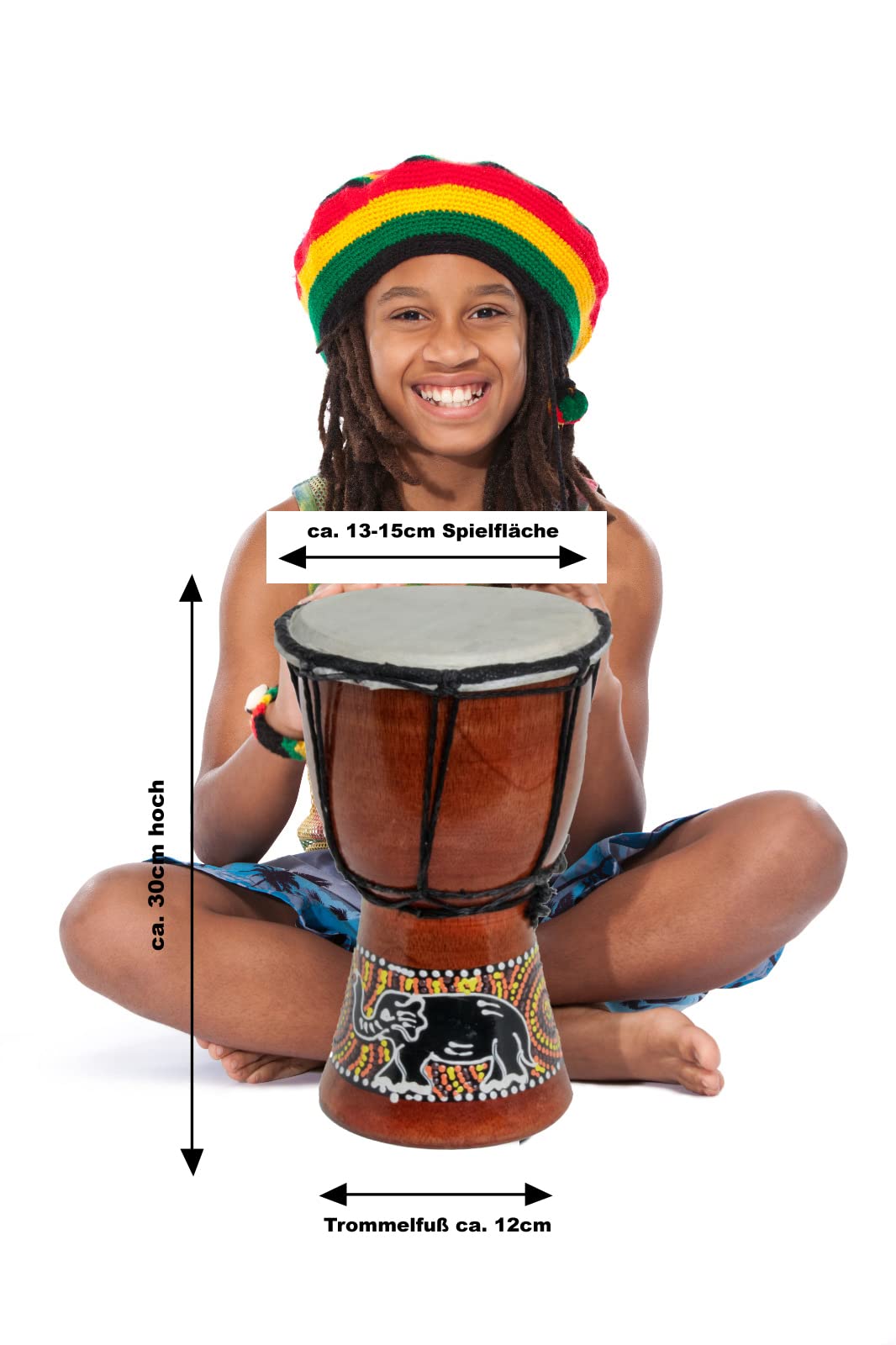 30cm Kinder Djembe Trommel Bongo Drum Holz Bunt Elefant